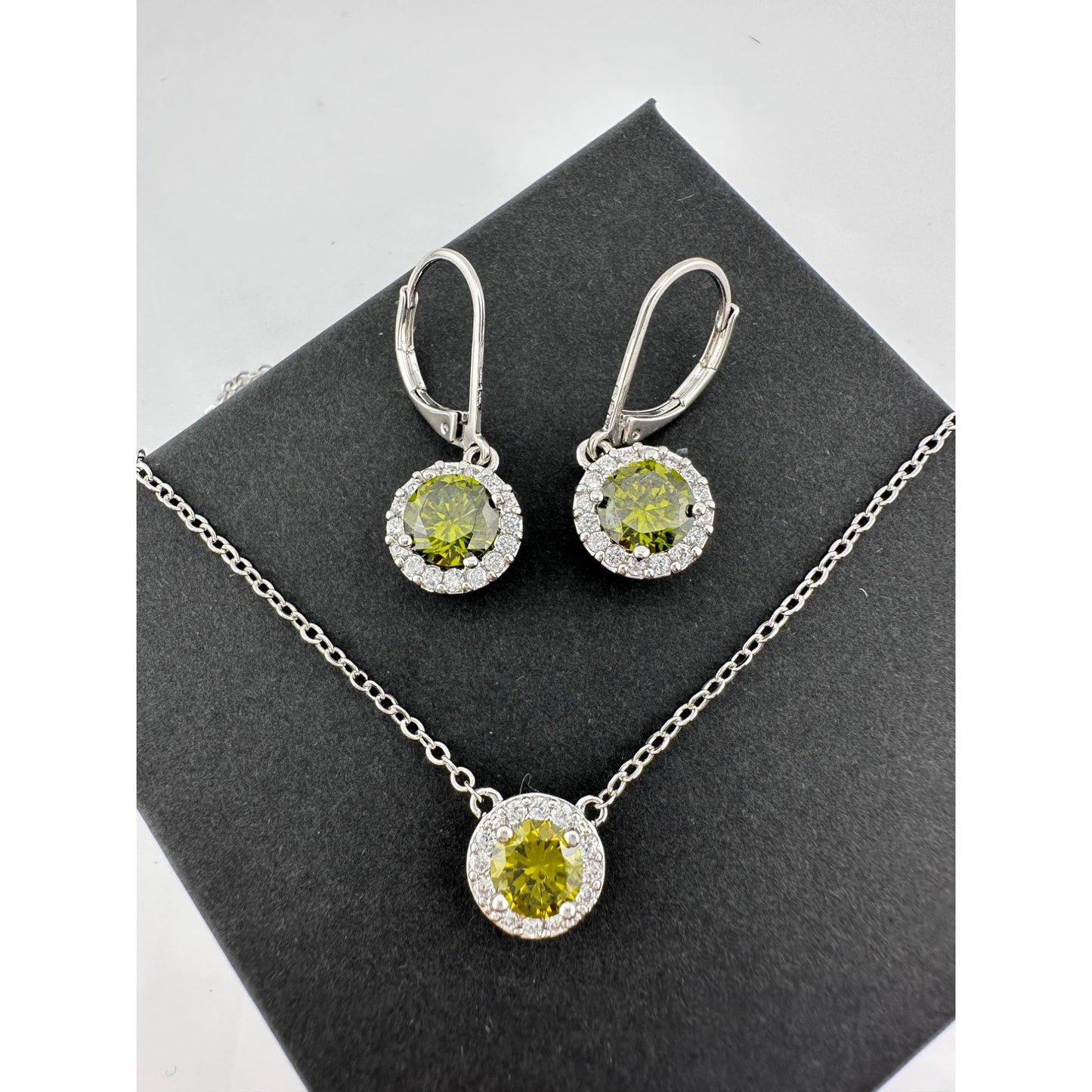 Beautiful Green Peridot & White Topaz Round Halo Necklace and Earrings Set