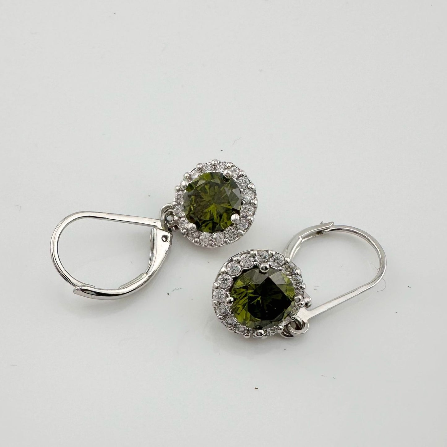 Beautiful Green Peridot & White Topaz Round Halo Necklace and Earrings Set