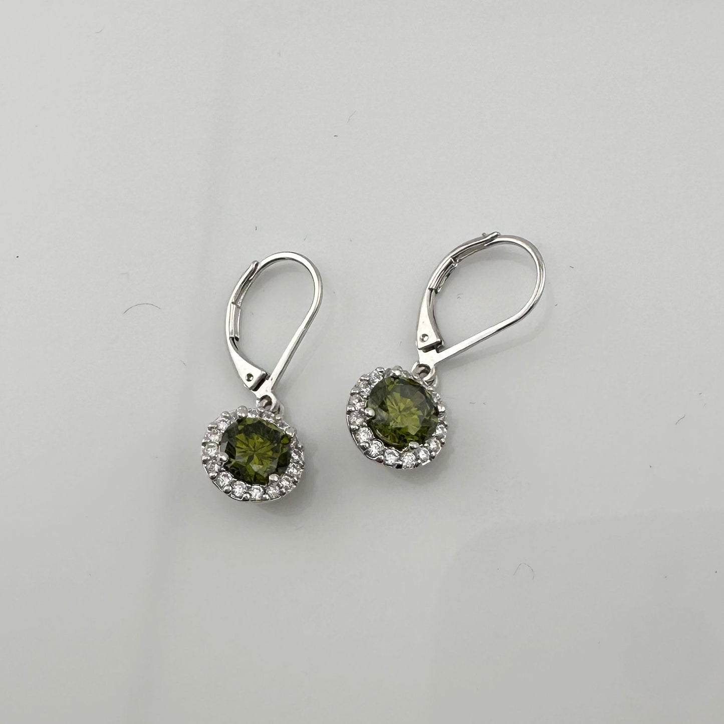 Beautiful Green Peridot & White Topaz Round Halo Necklace and Earrings Set