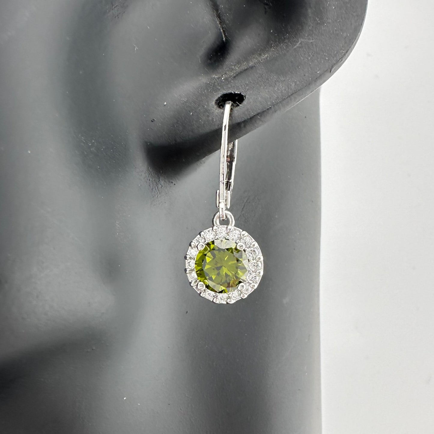 Beautiful Green Peridot & White Topaz Round Halo Necklace and Earrings Set