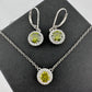 Beautiful Green Peridot & White Topaz Round Halo Necklace and Earrings Set