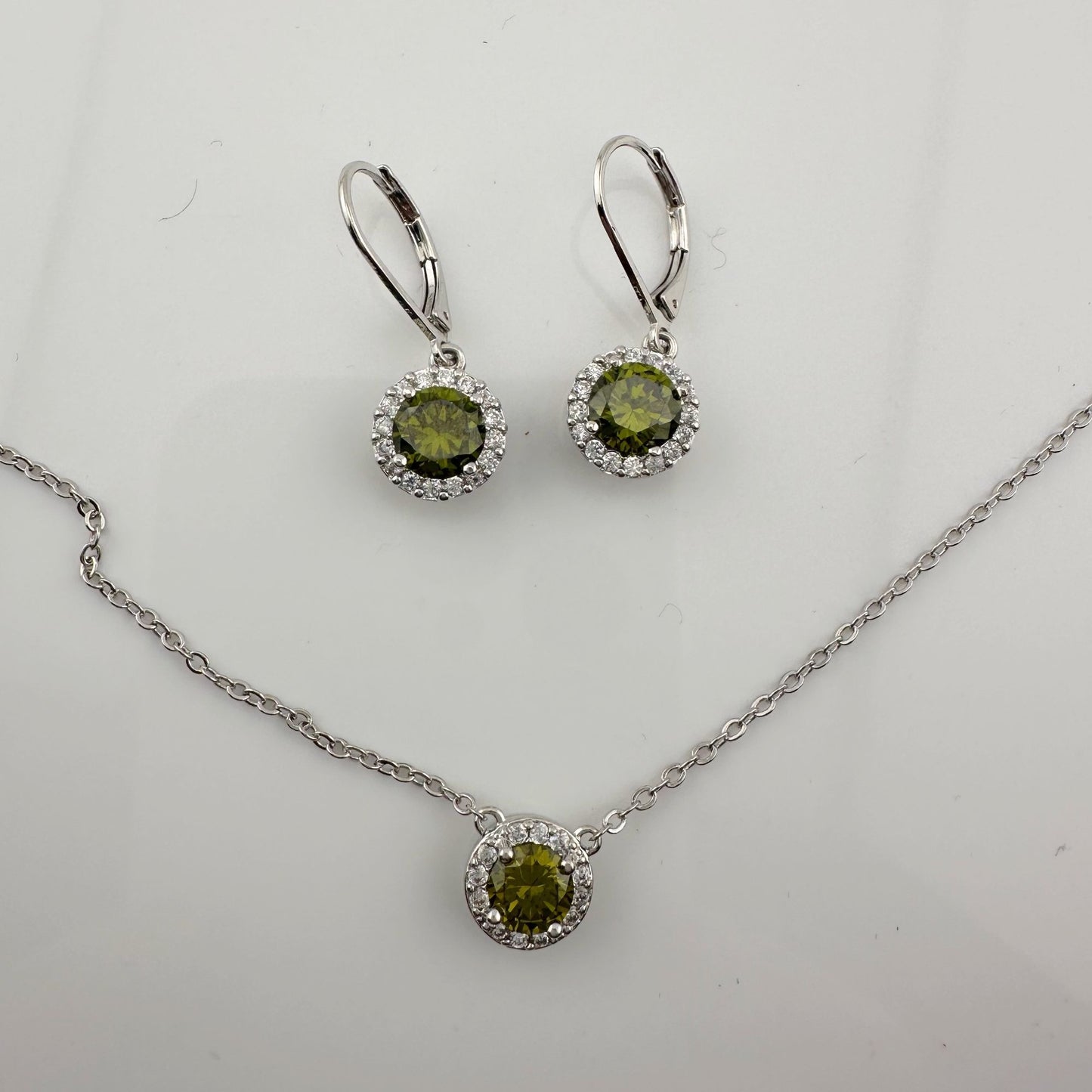 Beautiful Green Peridot & White Topaz Round Halo Necklace and Earrings Set