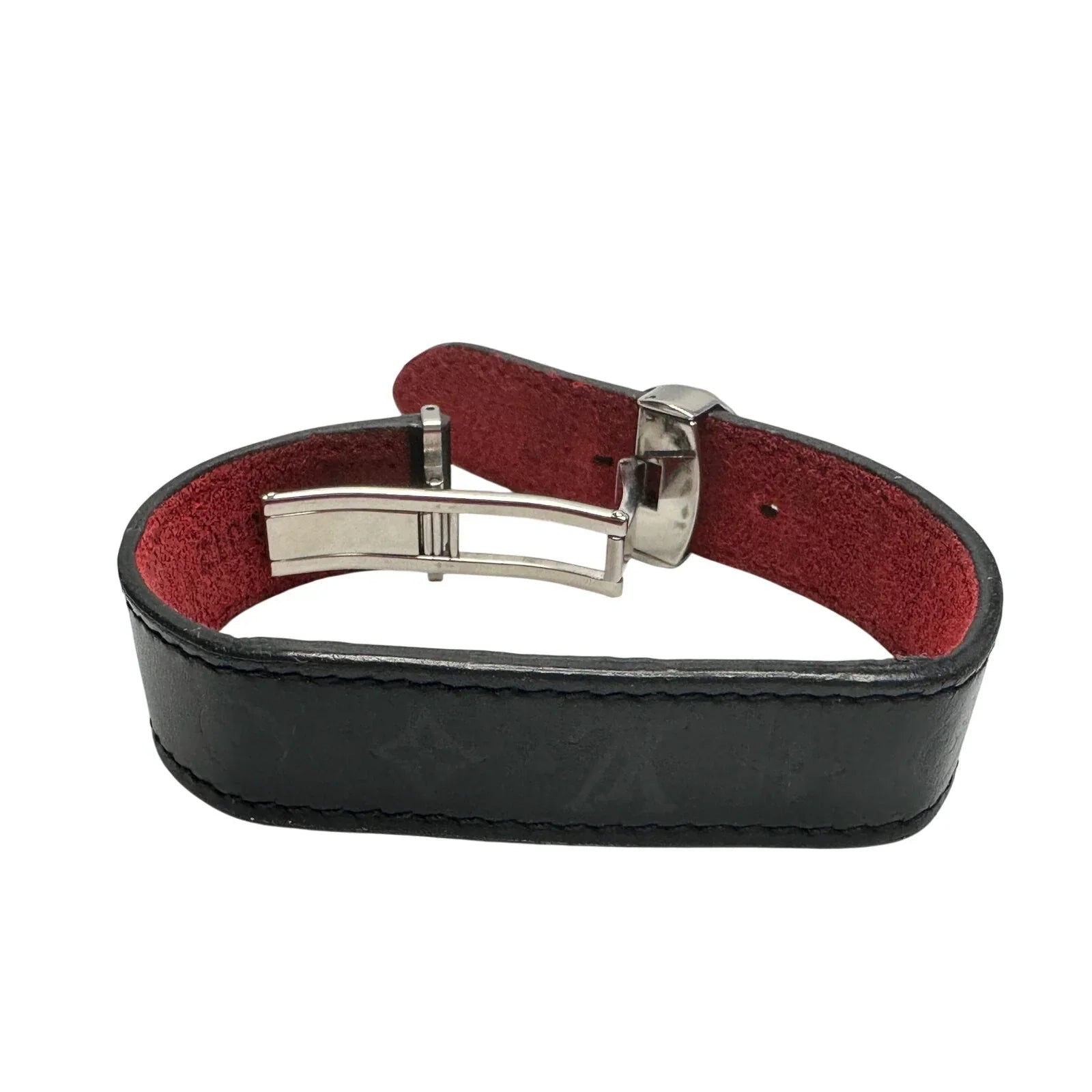 Louis Vuitton (LV) Black Leather Monogram Wish Bracelet with Red Leather on Inverse - Louis Vuitton - Designer Bracelet - A+ Stuff