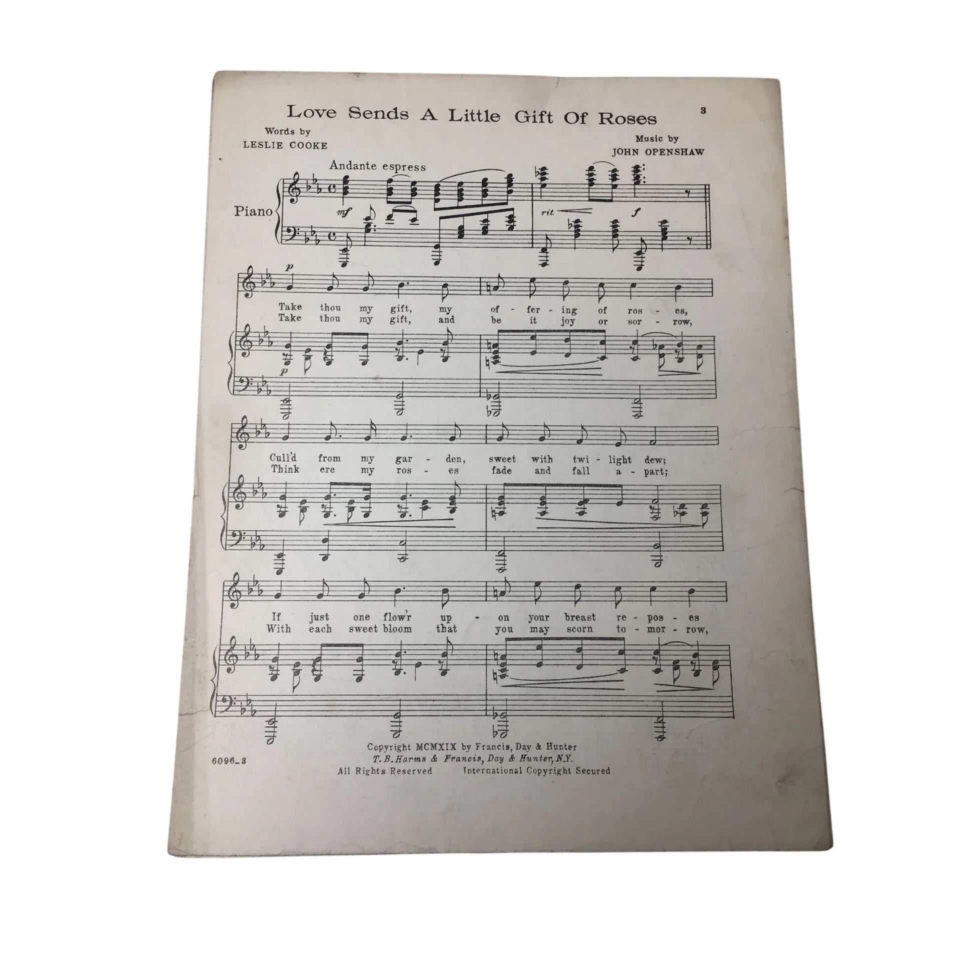 ''LOVE SENDS A LITTLE GIFT OF ROSES'' VINTAGE SHEET MUSIC - A+ Stuff - Sheet Music - A+ Stuff