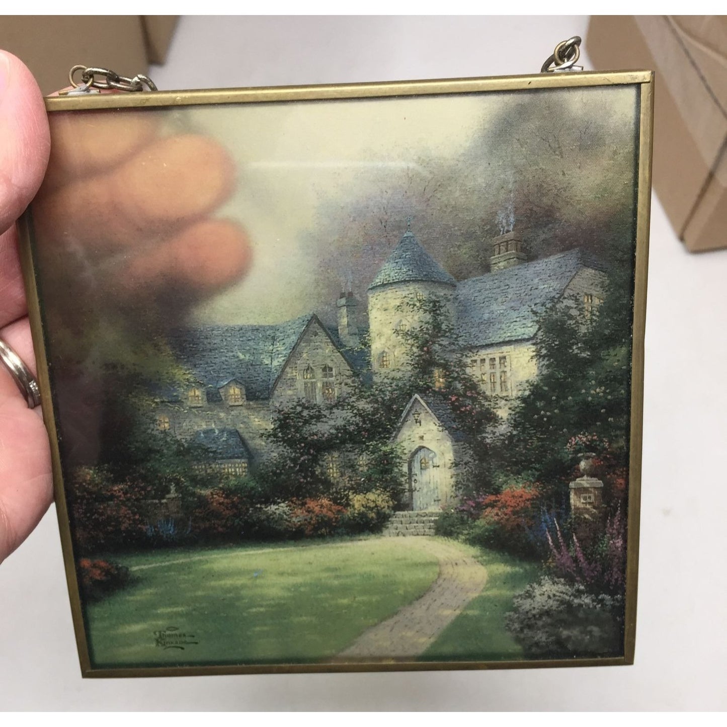 Vintage Thomas Kinkade Landscape/House Glass Wall Hanging Art Print