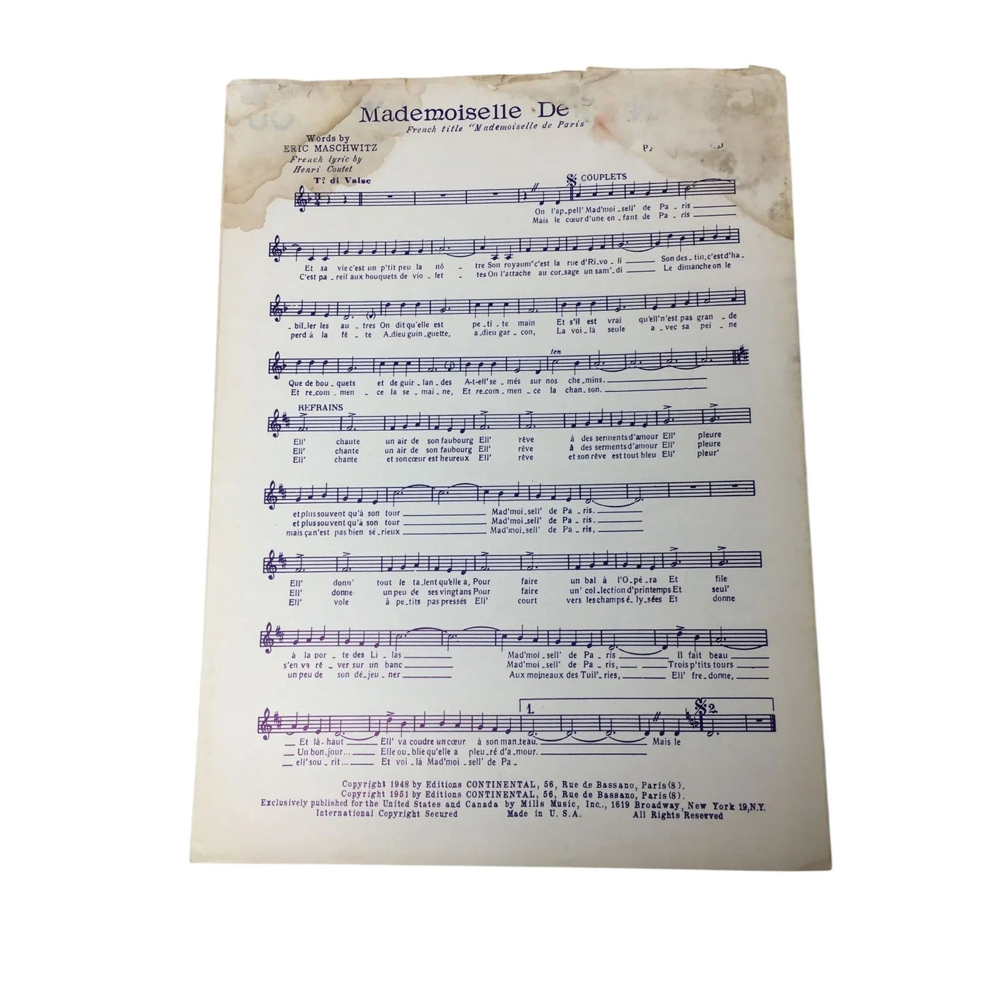 MADEMOISELLE DE PAREE Vintage sheet music - A+ Stuff - SHEET MUSIC - A+ Stuff