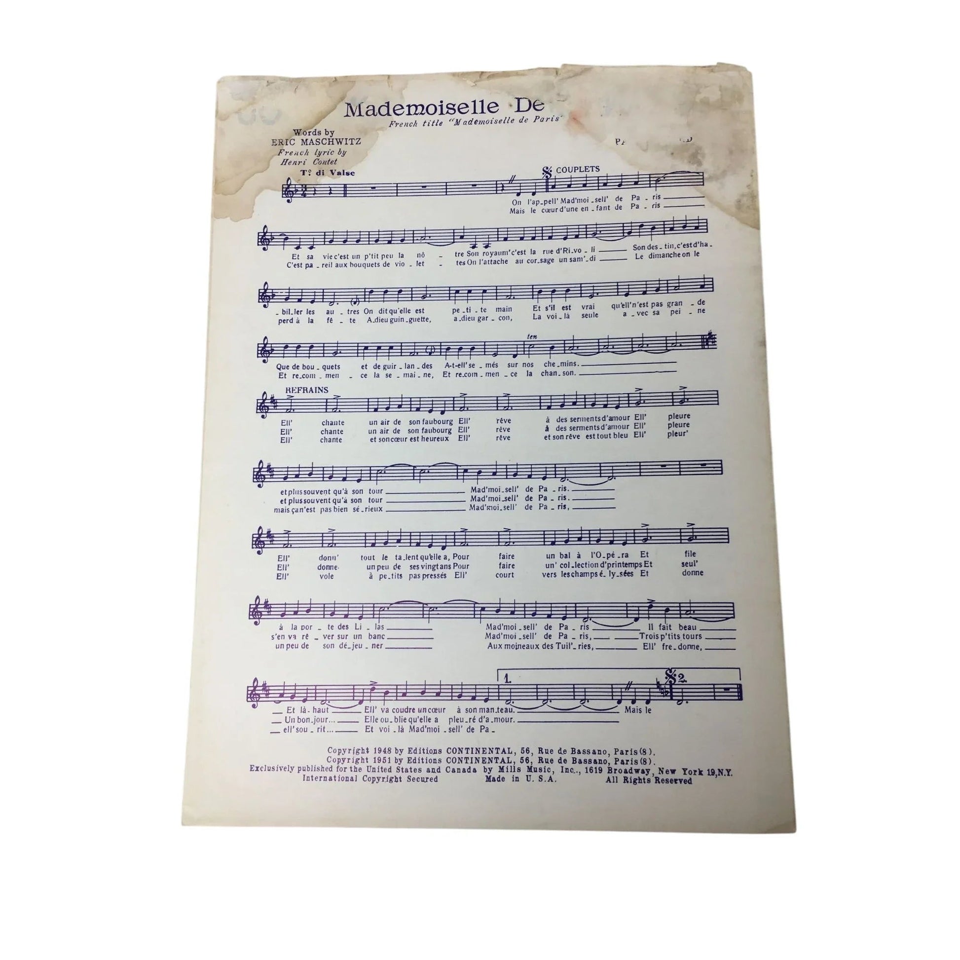 MADEMOISELLE DE PAREE Vintage sheet music - A+ Stuff - SHEET MUSIC - A+ Stuff