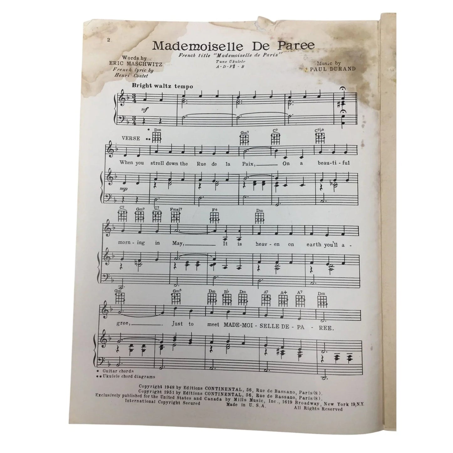 MADEMOISELLE DE PAREE Vintage sheet music - A+ Stuff - SHEET MUSIC - A+ Stuff