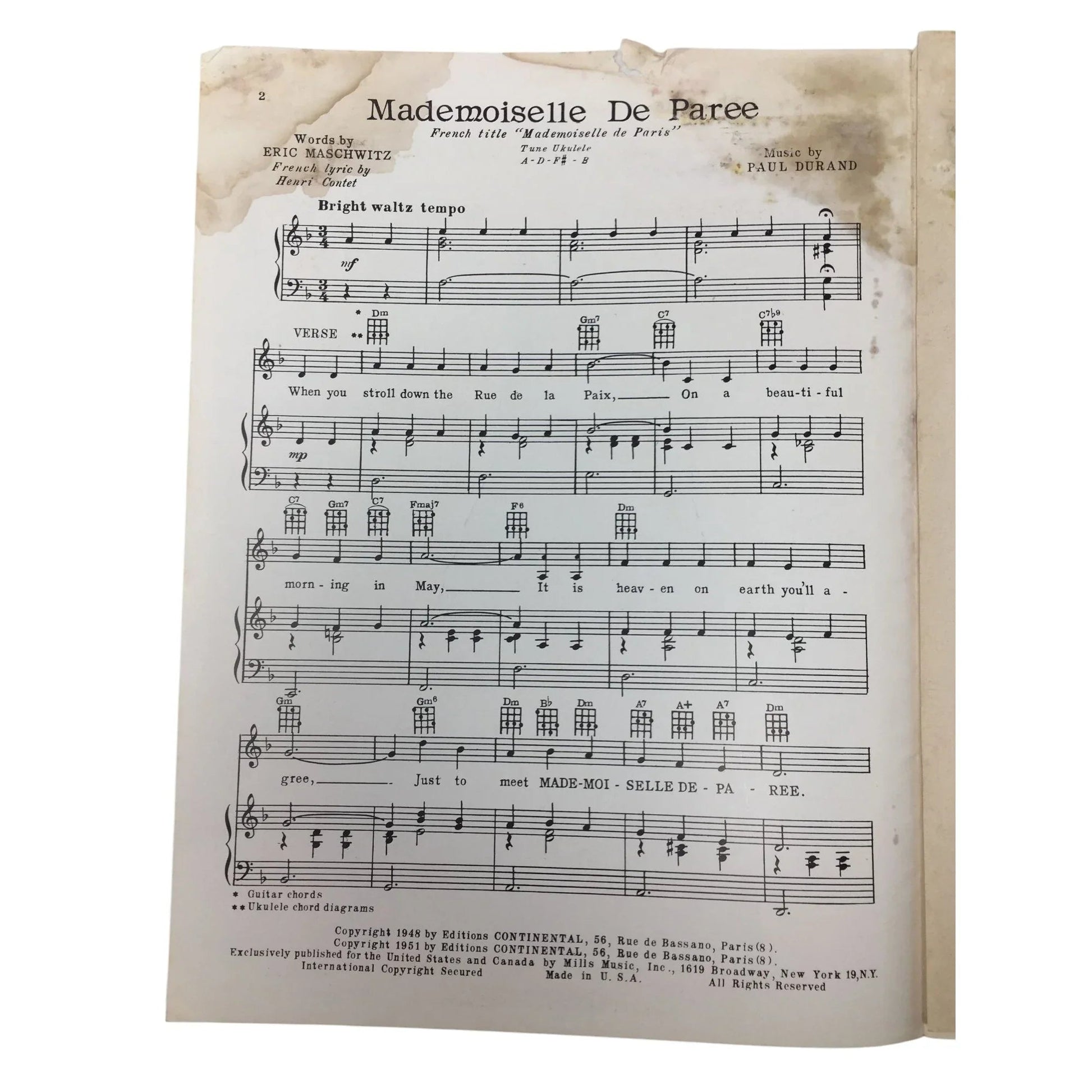 MADEMOISELLE DE PAREE Vintage sheet music - A+ Stuff - SHEET MUSIC - A+ Stuff
