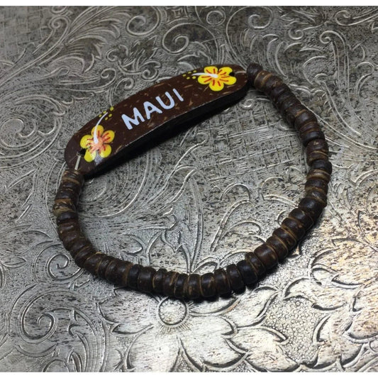 ''MAUI'' Hawaii Hibiscus Flower Souvenir Bracelet with Brown Beads on it - A+ Stuff - Bracelet - A+ Stuff