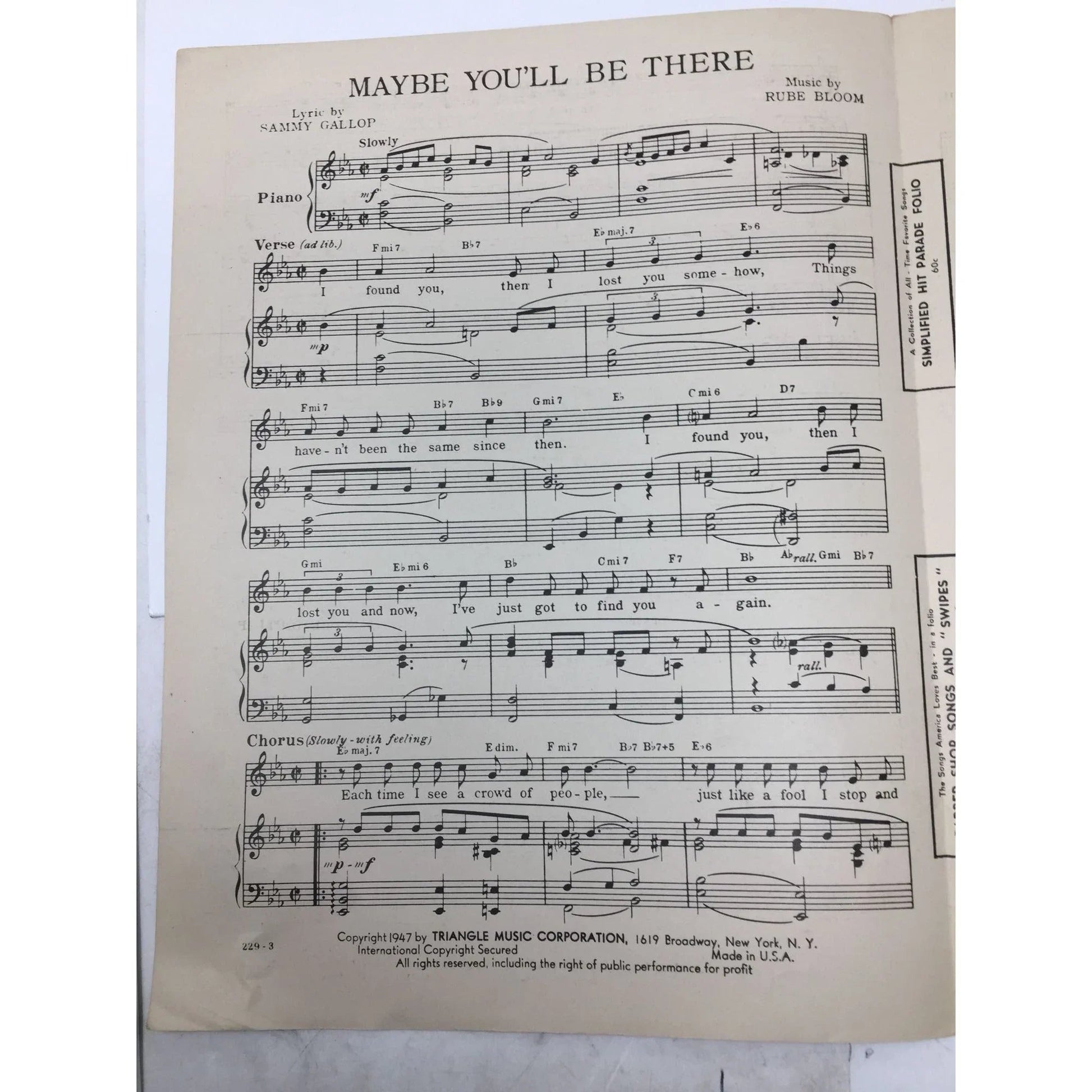 ''Maybe You'll Be There'' Vintage Sheet Music by Sammy Gallop & Rube Bloom - A+ Stuff - SHEET MUSIC - A+ Stuff