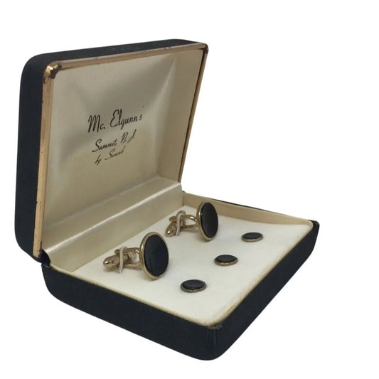 Mc. Elgunn's Summit, N.J. by Swank Black/Gold Cufflinks and Shirt studs w/ Case - A+ Stuff