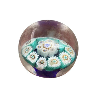 Miniature Clear Glass Paperweight with Blue and White Floral Flower Pattern inside
