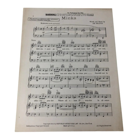''Minka'' Words and music by Jay Milton - Vintage 1941 Sheet Music - A+ Stuff - sheet music - A+ Stuff