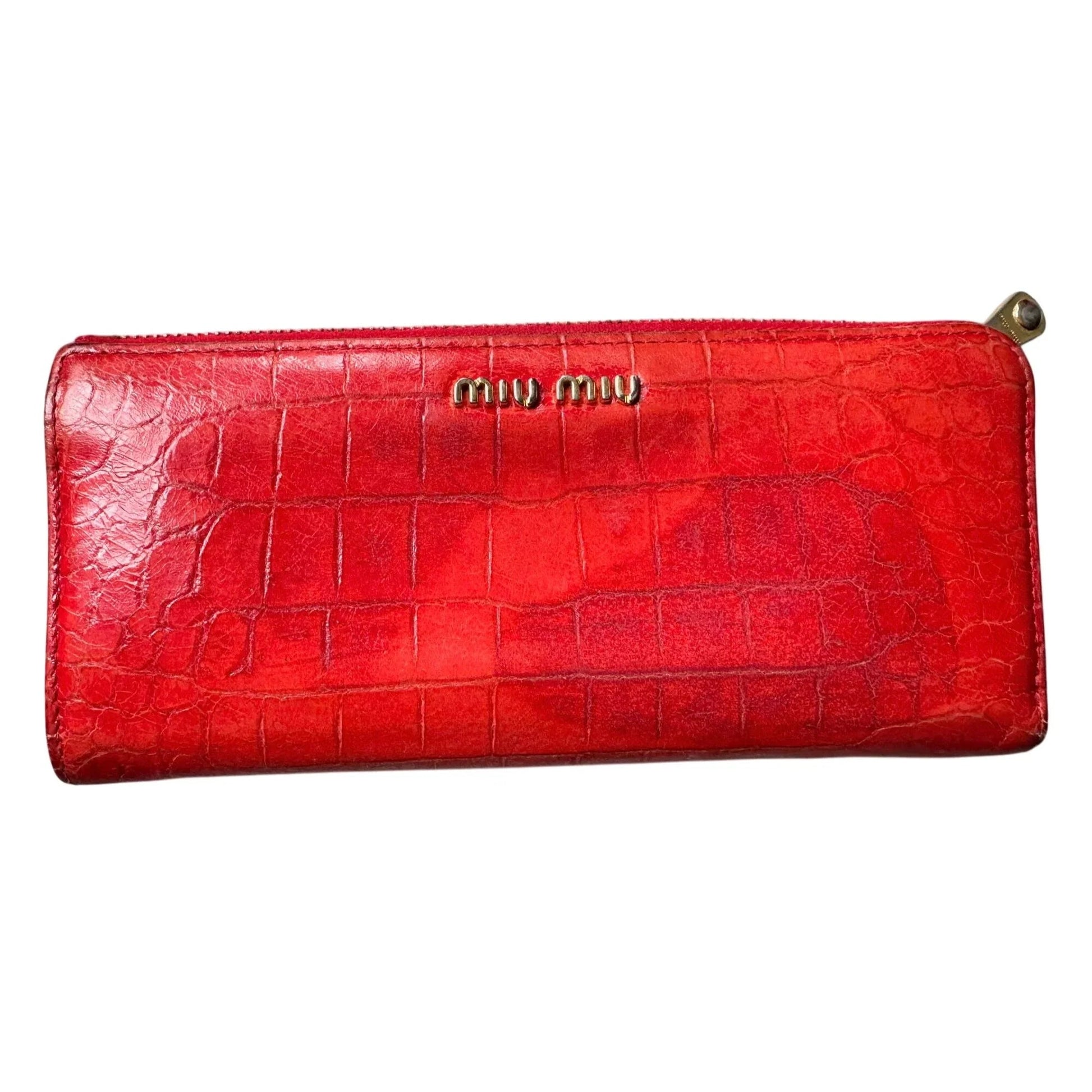 Miu Miu Red Croc Embossed Leather Zip Around Wallet with Original Box - Miu Miu - Designer wallet - A+ Stuff