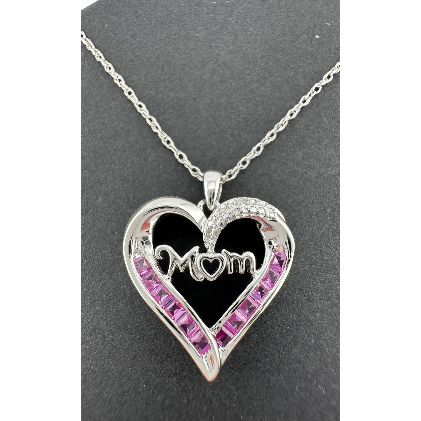 Pink Sapphire 'MOM' Heart Necklace with Diamond Accent