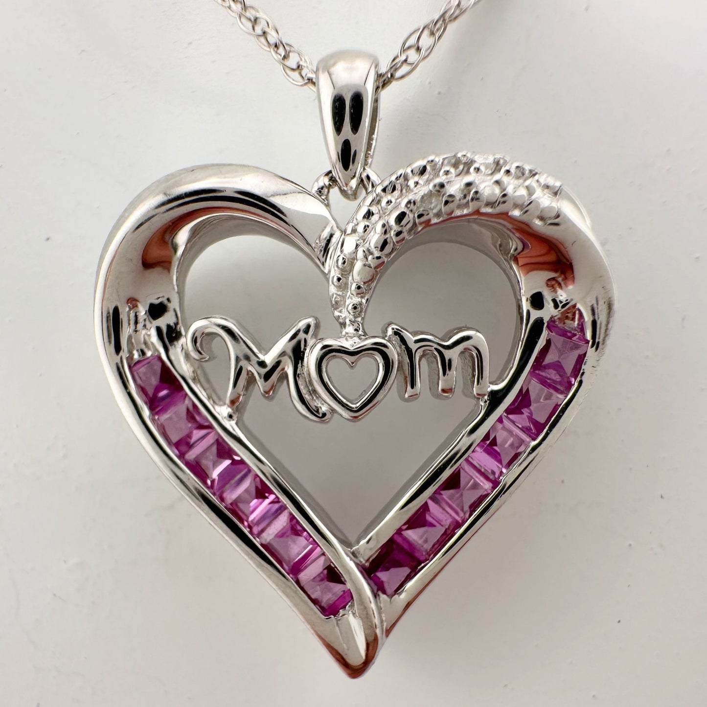 Pink Sapphire 'MOM' Heart Necklace with Diamond Accent