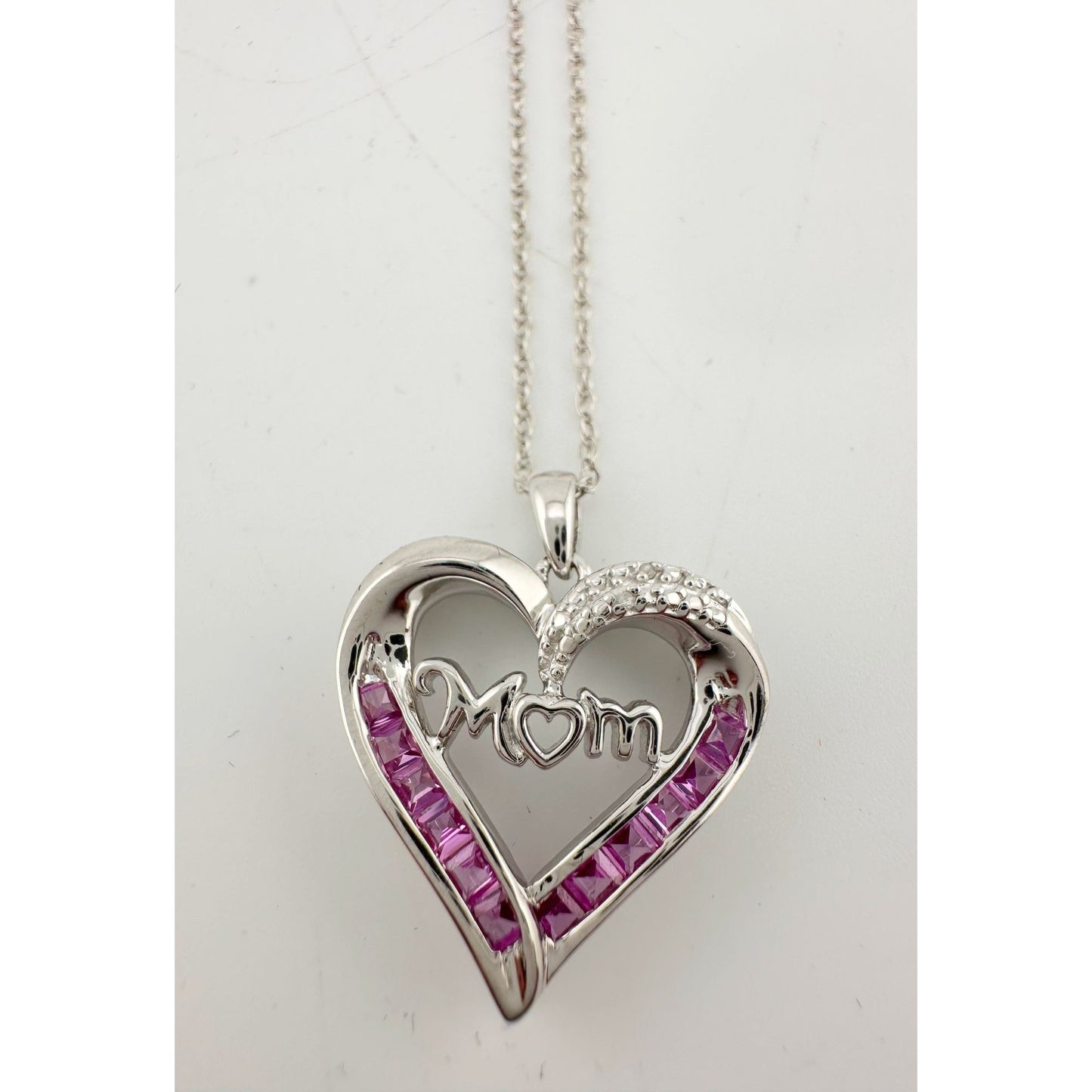 Pink Sapphire 'MOM' Heart Necklace with Diamond Accent