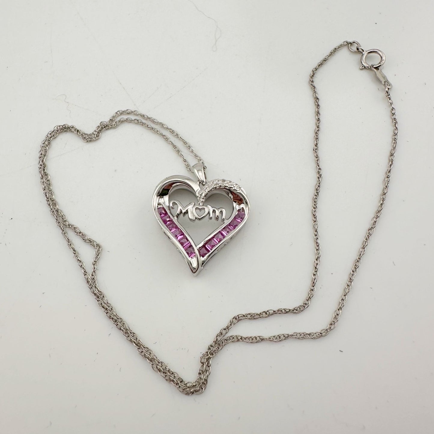 Pink Sapphire 'MOM' Heart Necklace with Diamond Accent