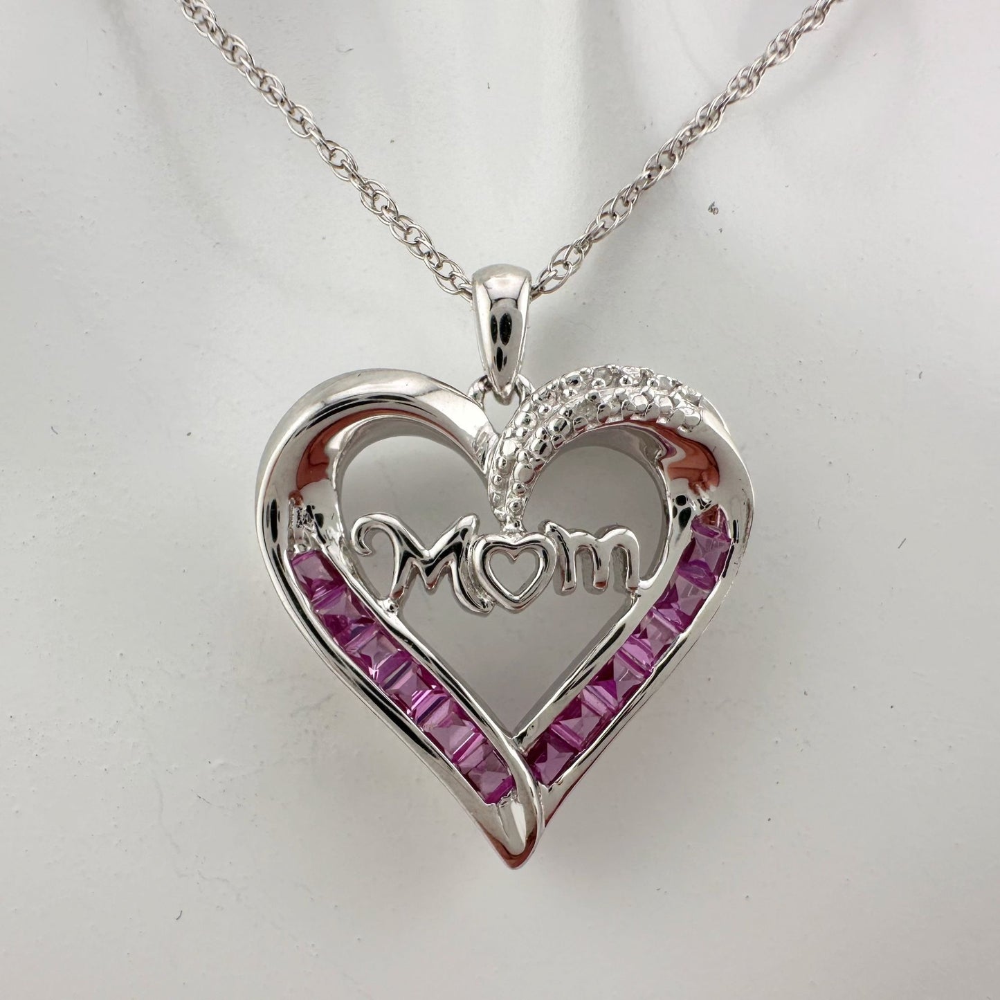 Pink Sapphire 'MOM' Heart Necklace with Diamond Accent