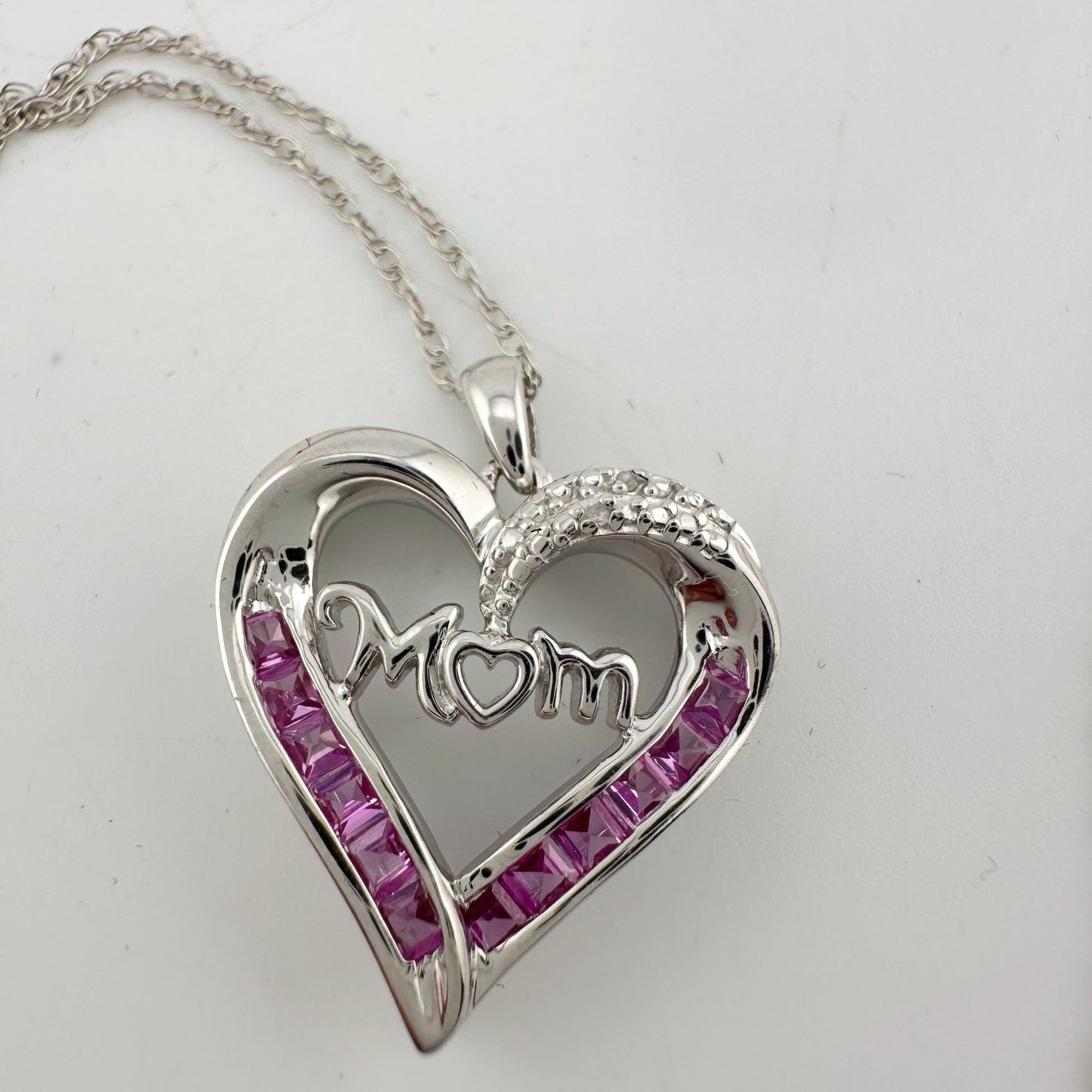 Pink Sapphire 'MOM' Heart Necklace with Diamond Accent