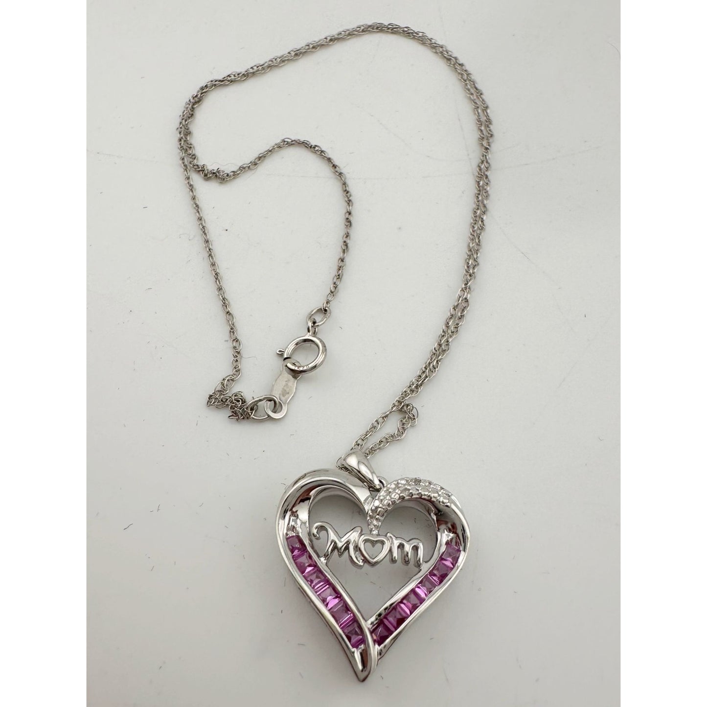 Pink Sapphire 'MOM' Heart Necklace with Diamond Accent