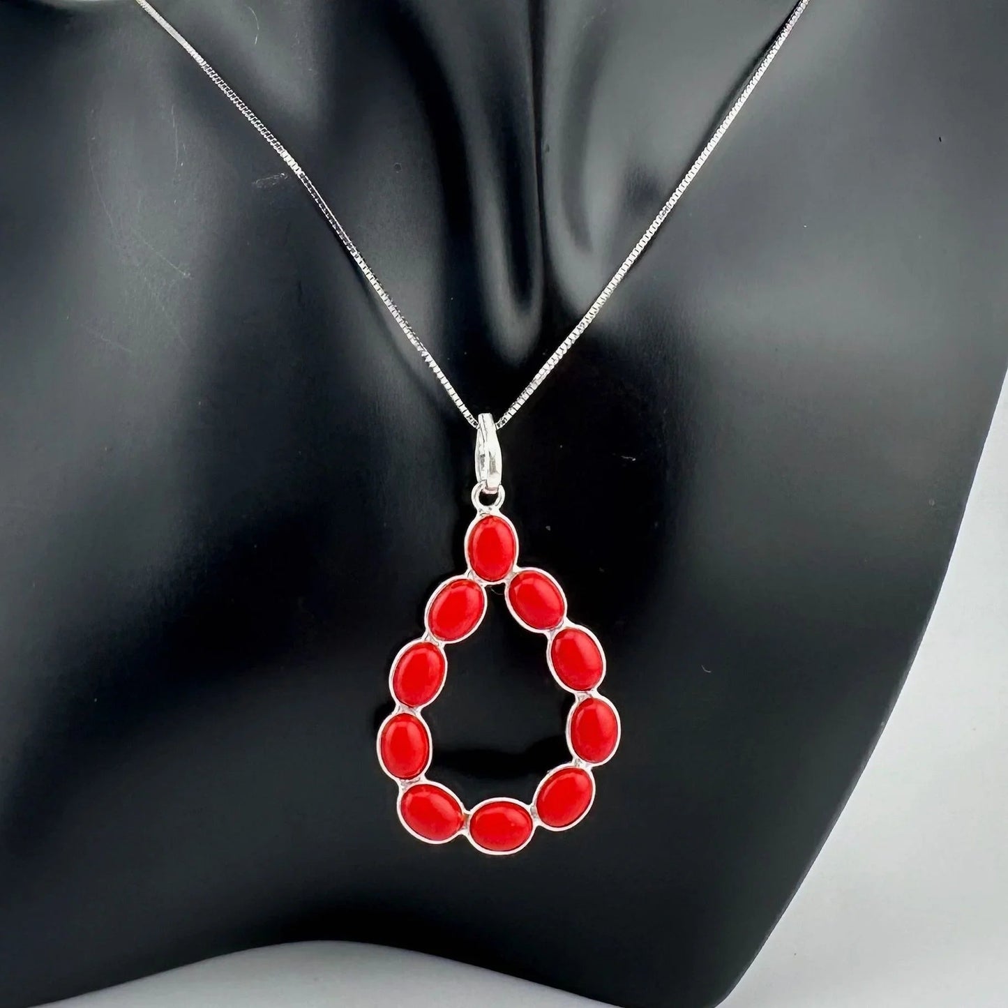 Modern 8.5 ct Red Coral Bold Teardrop Pendant - 24" Sterling Silver Chain - Jewelry - A+ Stuff