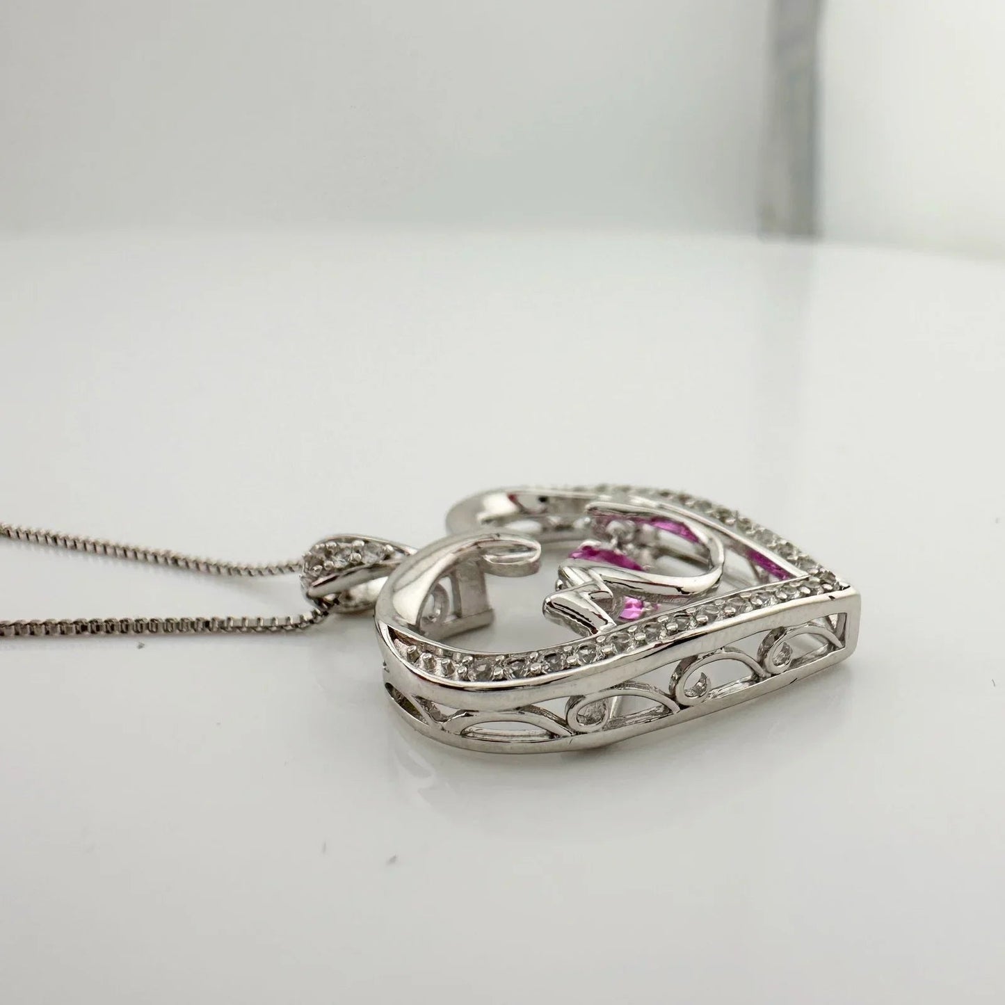 "Mom" Dancing Heart Necklace with Lab Created Pink & White Sapphires - Unbranded - Necklace with Pendant - A+ Stuff