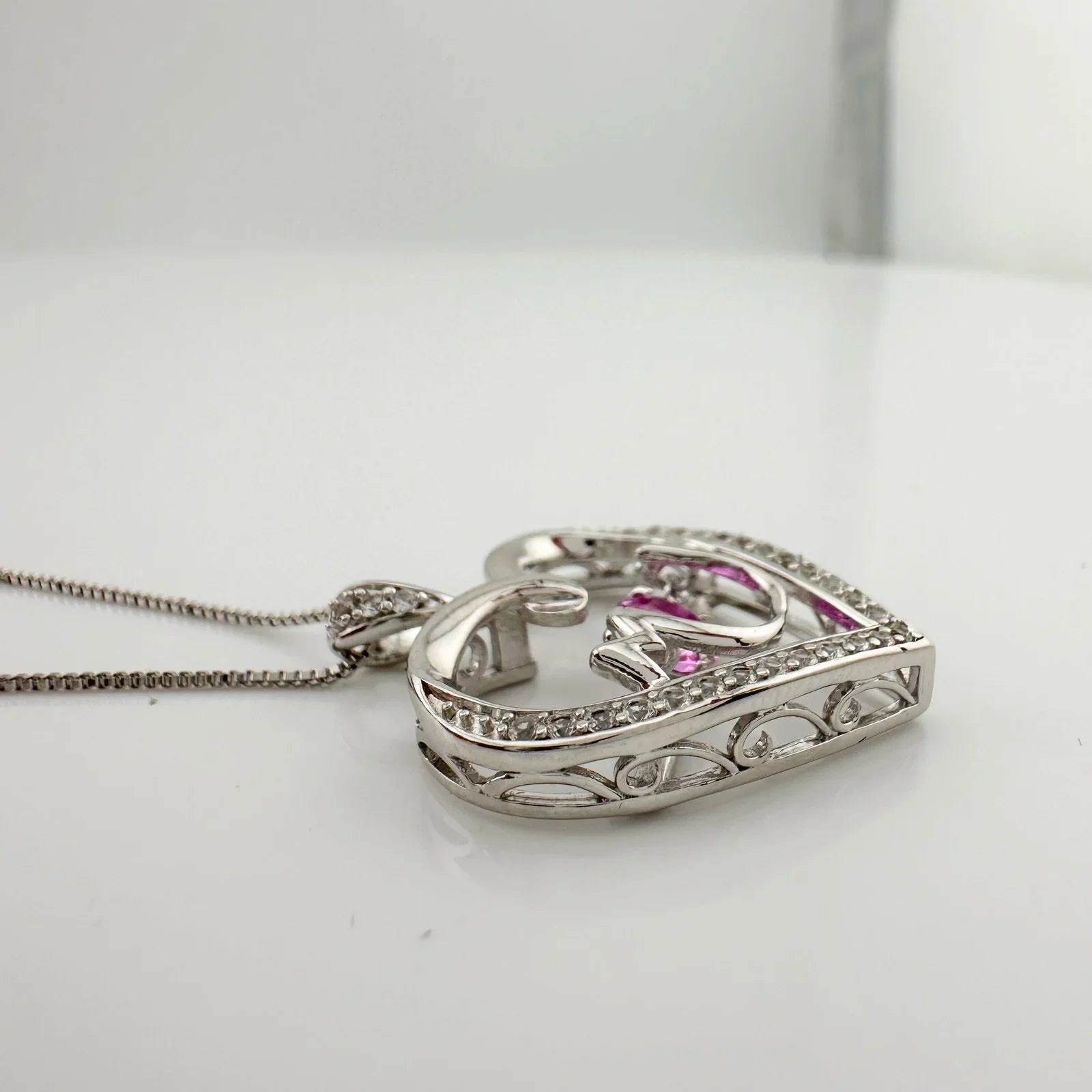 "Mom" Dancing Heart Necklace with Lab Created Pink & White Sapphires - Unbranded - Necklace with Pendant - A+ Stuff