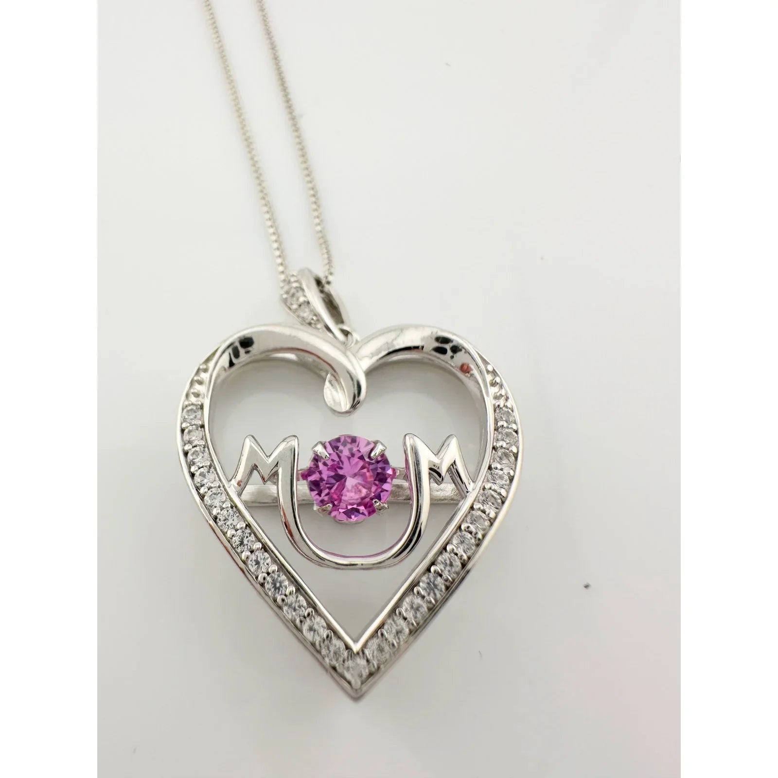 "Mom" Dancing Heart Necklace with Lab Created Pink & White Sapphires - Unbranded - Necklace with Pendant - A+ Stuff