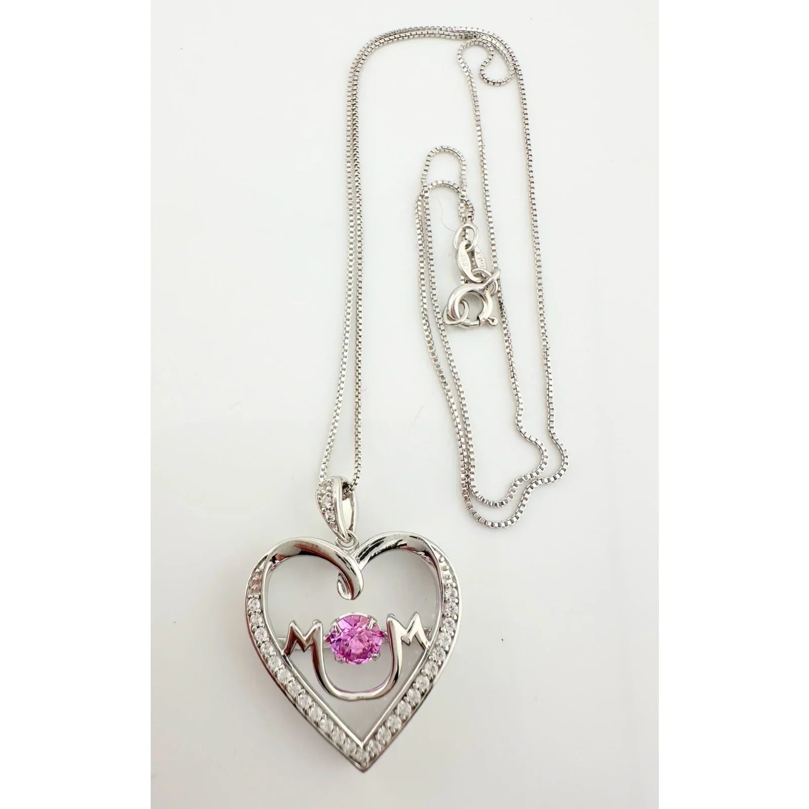 "Mom" Dancing Heart Necklace with Lab Created Pink & White Sapphires - Unbranded - Necklace with Pendant - A+ Stuff