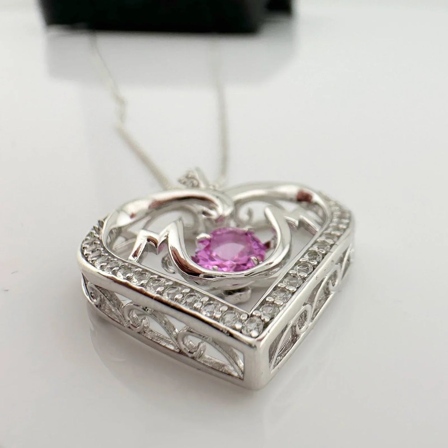 "Mom" Dancing Heart Necklace with Lab Created Pink & White Sapphires - Unbranded - Necklace with Pendant - A+ Stuff