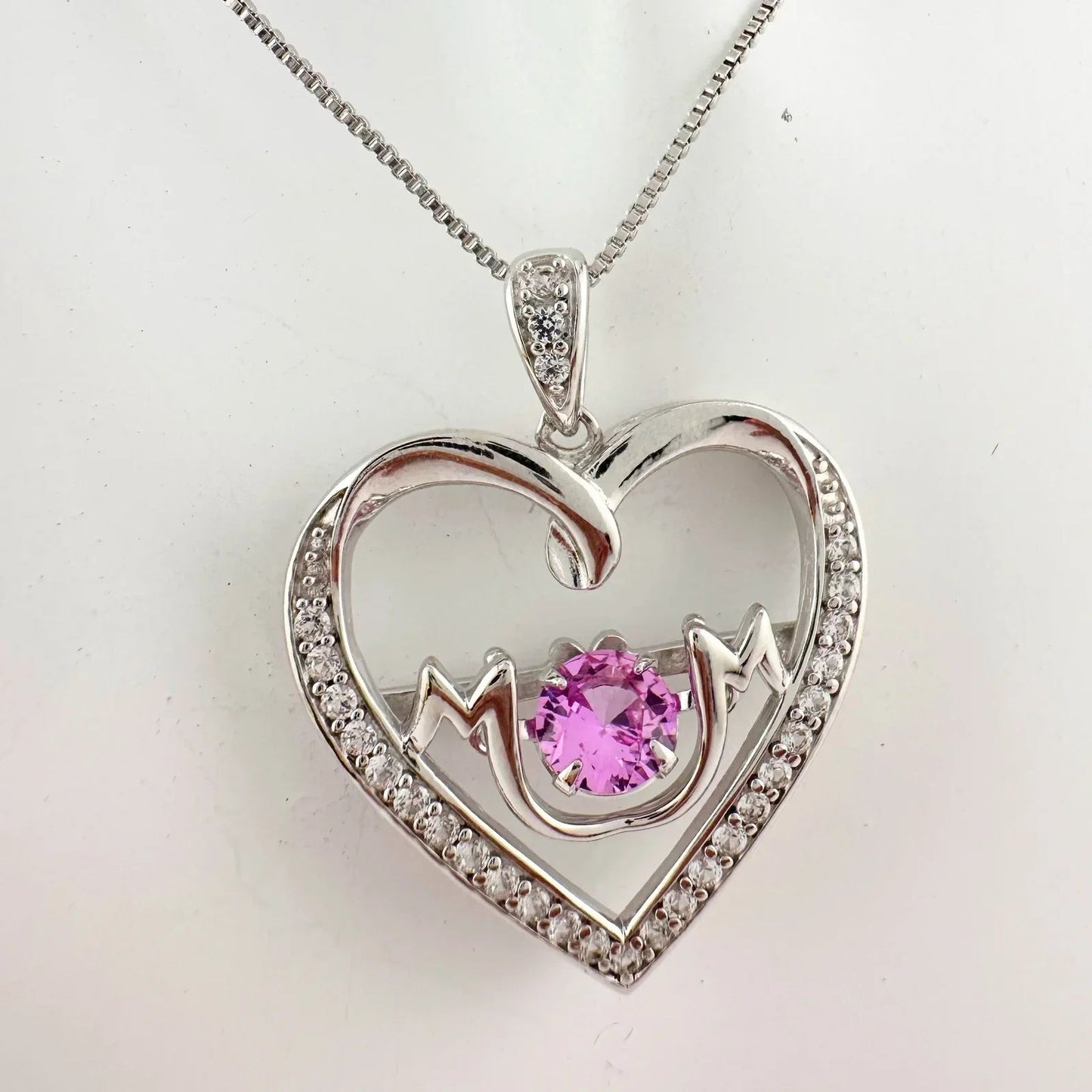 "Mom" Dancing Heart Necklace with Lab Created Pink & White Sapphires - Unbranded - Necklace with Pendant - A+ Stuff