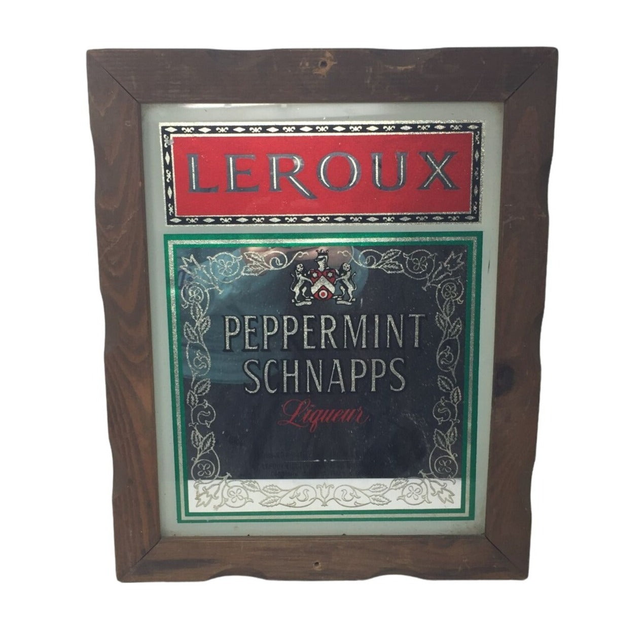 Vintage LEROUX PEPPERMINT SCHNAPPS LIQUEUR Bar Mirror Sign with Wood Frame