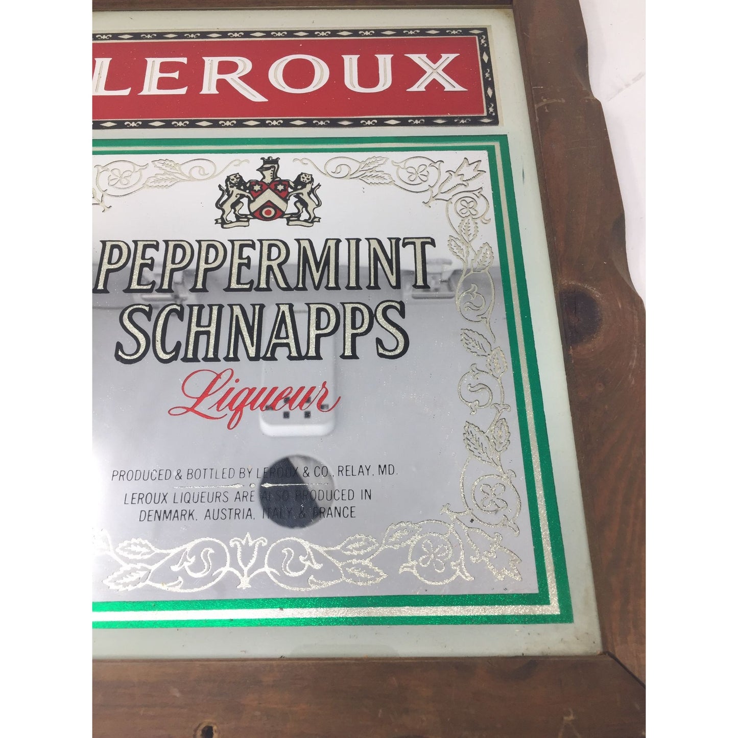 Vintage LEROUX PEPPERMINT SCHNAPPS LIQUEUR Bar Mirror Sign with Wood Frame