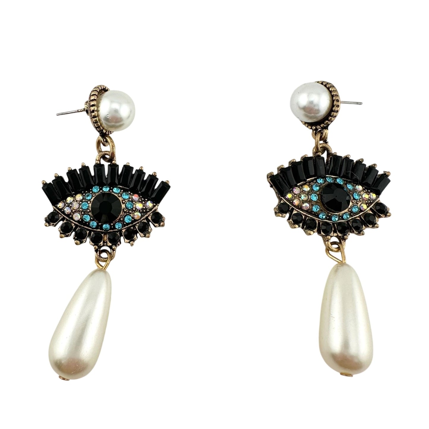 Evil Eye Rhinestone Pearl Drop Dangle Earrings