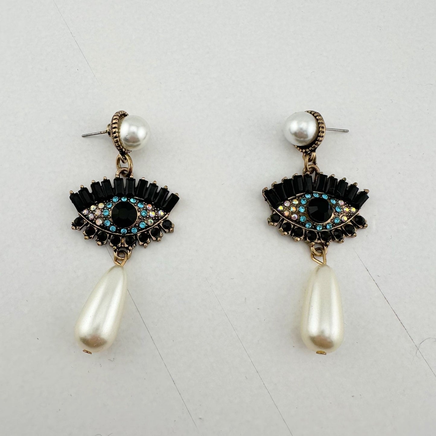 Evil Eye Rhinestone Pearl Drop Dangle Earrings