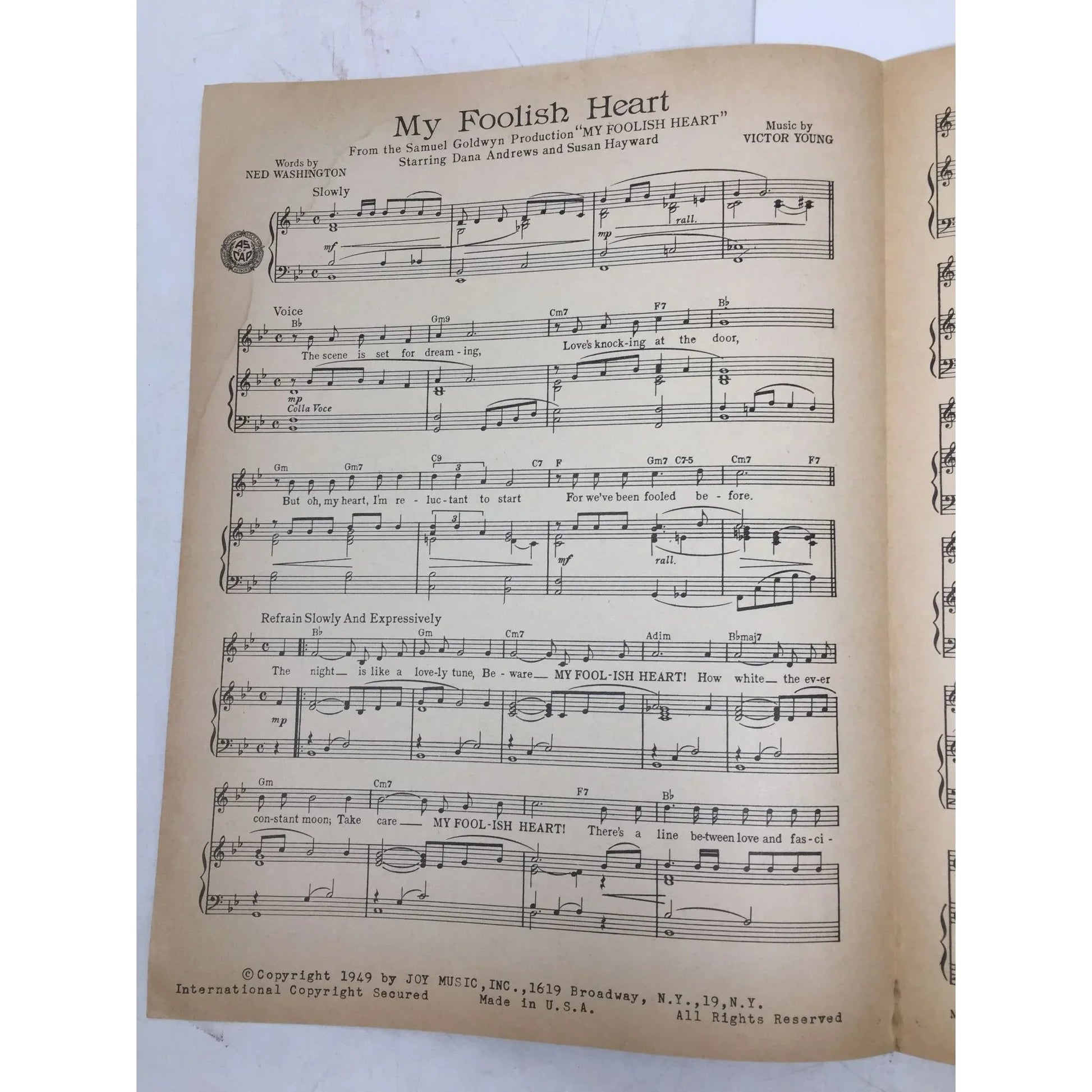 ''MY FOOLISH HEART'' VINTAGE SHEET MUSIC - A+ Stuff - SHEET MUSIC - A+ Stuff