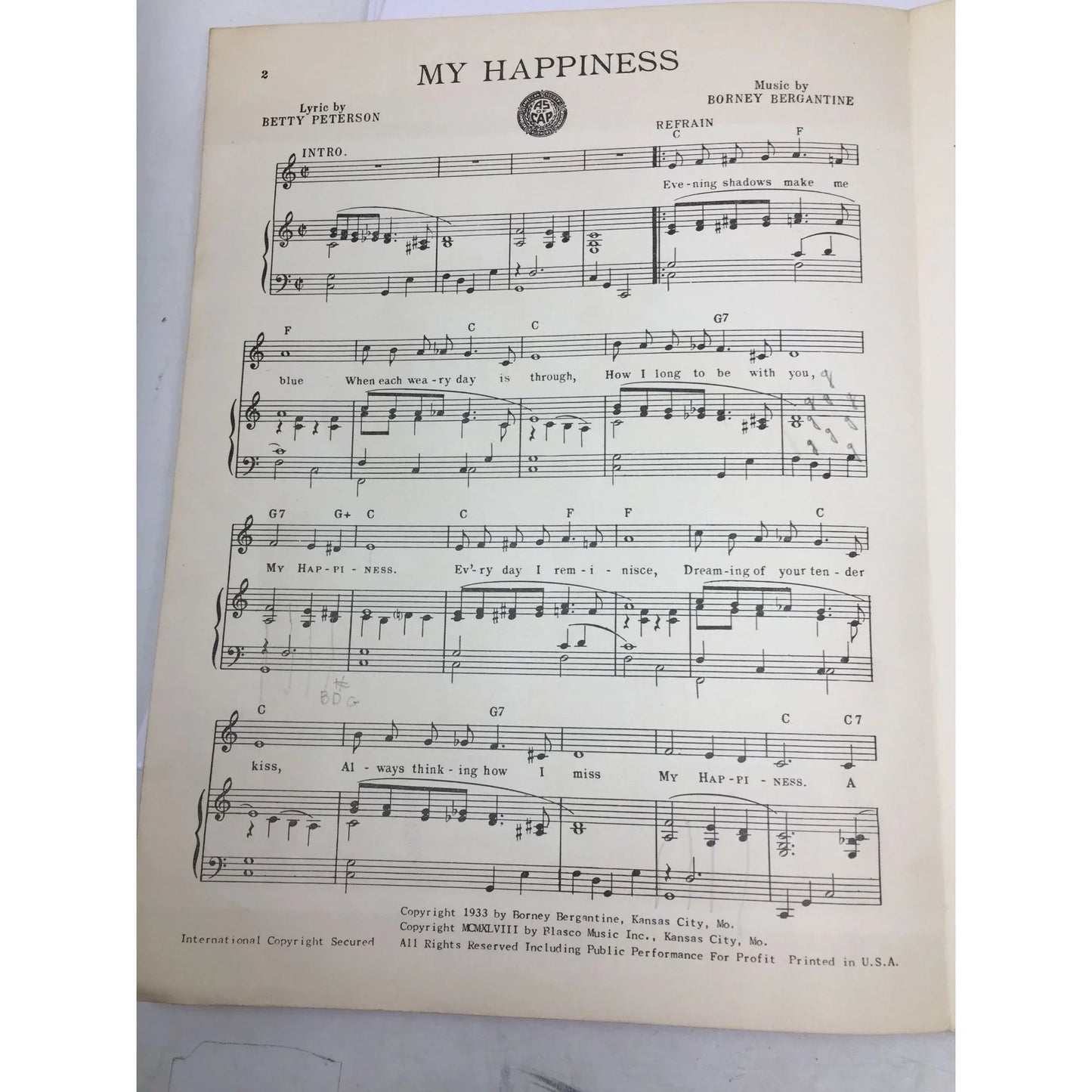 "My Happiness" Sheet Music Book by Betty Peterson and Borney Bergantine - A+ Stuff - Sheet Music - A+ Stuff