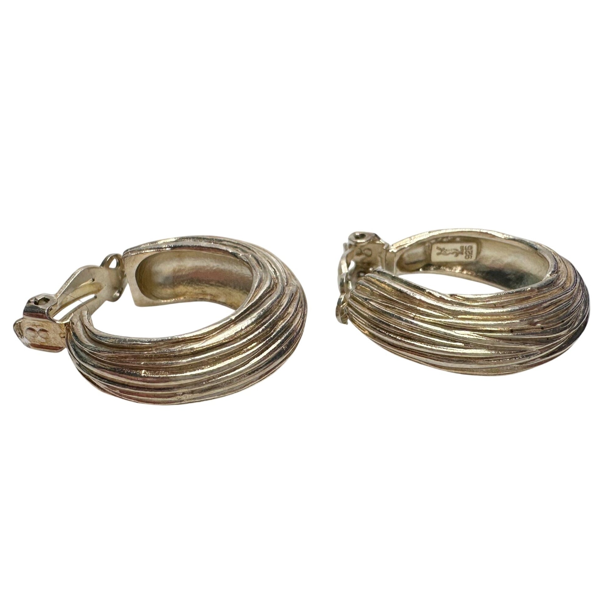 Vintage Yves Saint Laurent Signed 925 Sterling Silver Modernist Ribbed "Shrimp" Clip On Hoop Earrings Yves Saint Laurent (YSL)  A+ Stuff Earrings