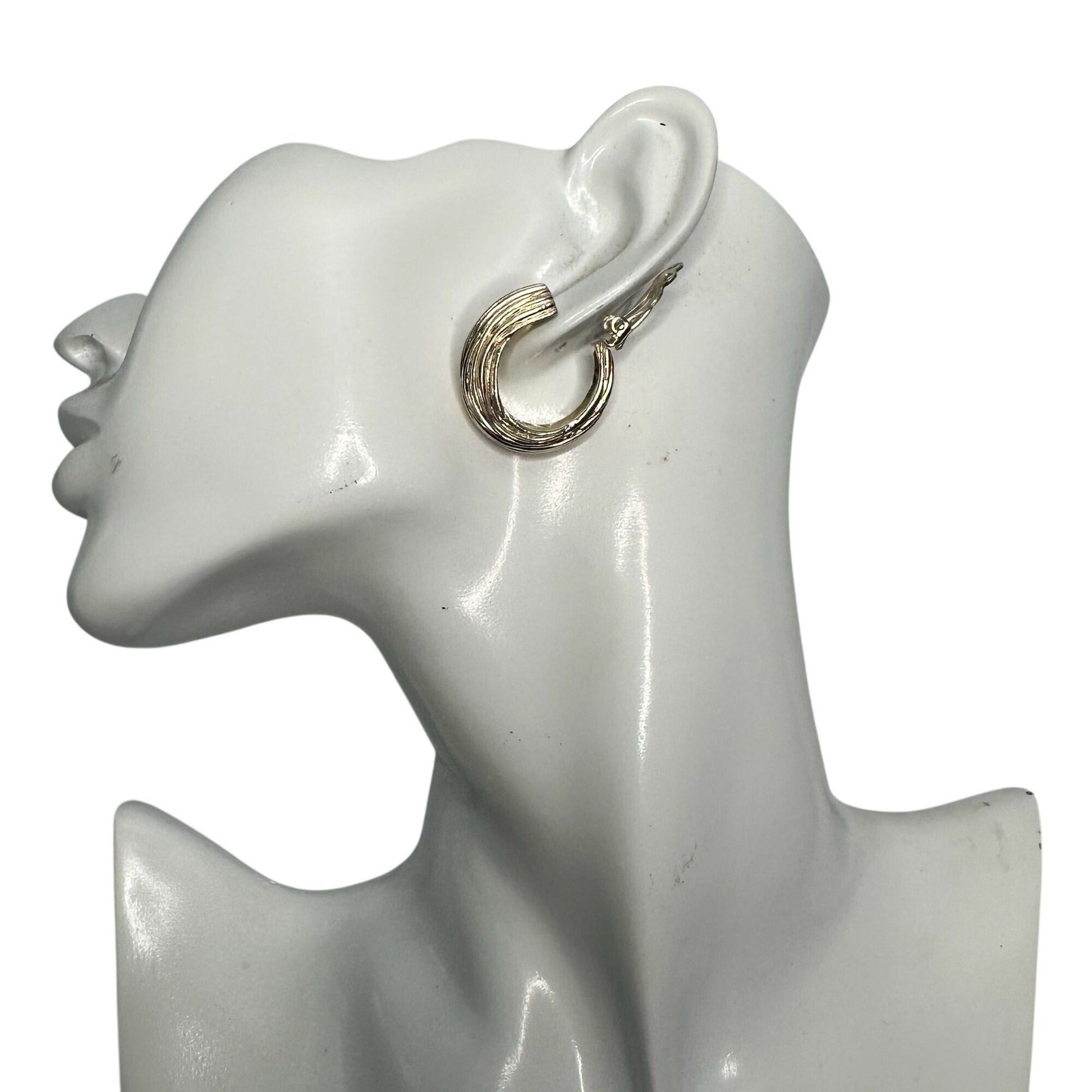 Vintage Yves Saint Laurent Signed 925 Sterling Silver Modernist Ribbed "Shrimp" Clip On Hoop Earrings Yves Saint Laurent (YSL)  A+ Stuff Earrings