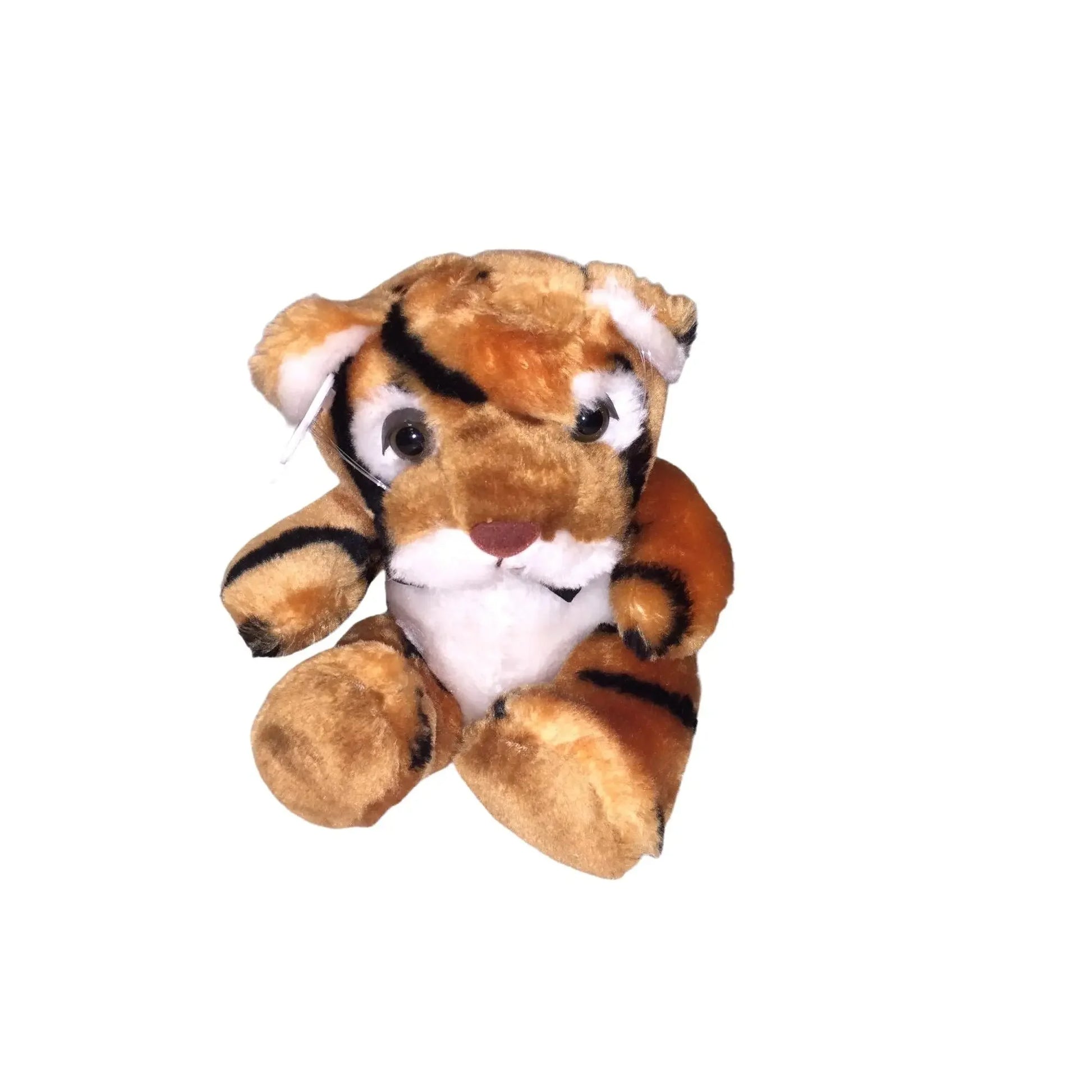 Plush tiger stuffed animal toy with brown and black stripes on a white background