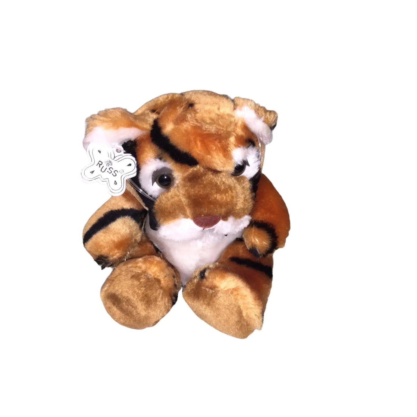 Plush tiger stuffed animal with brown fur and black stripes, Russ brand tag on ear