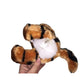Hand holding plush tiger-striped dog toy with tag, pet supplies on white background
