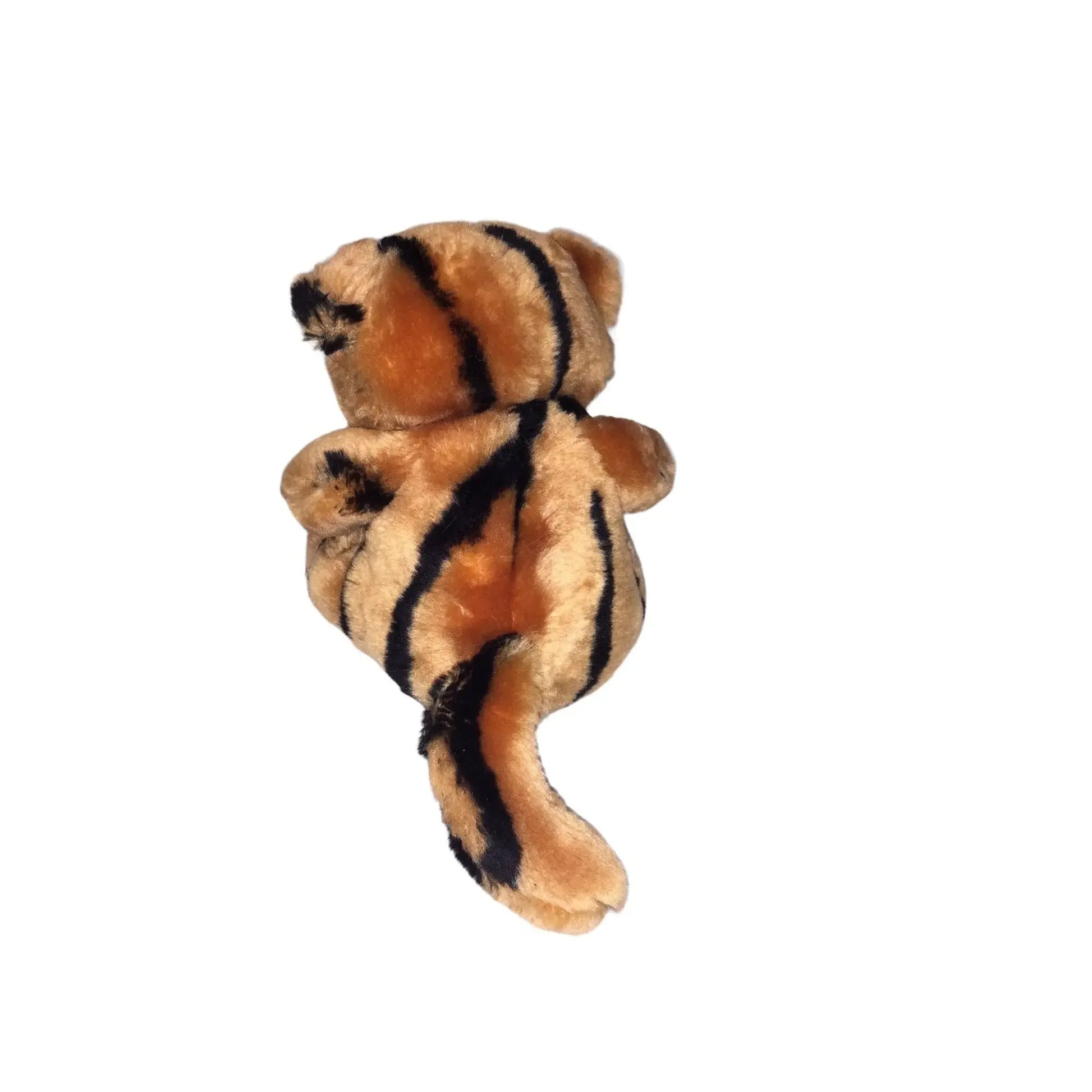 Plush tiger stuffed animal with orange fur and black stripes on white background