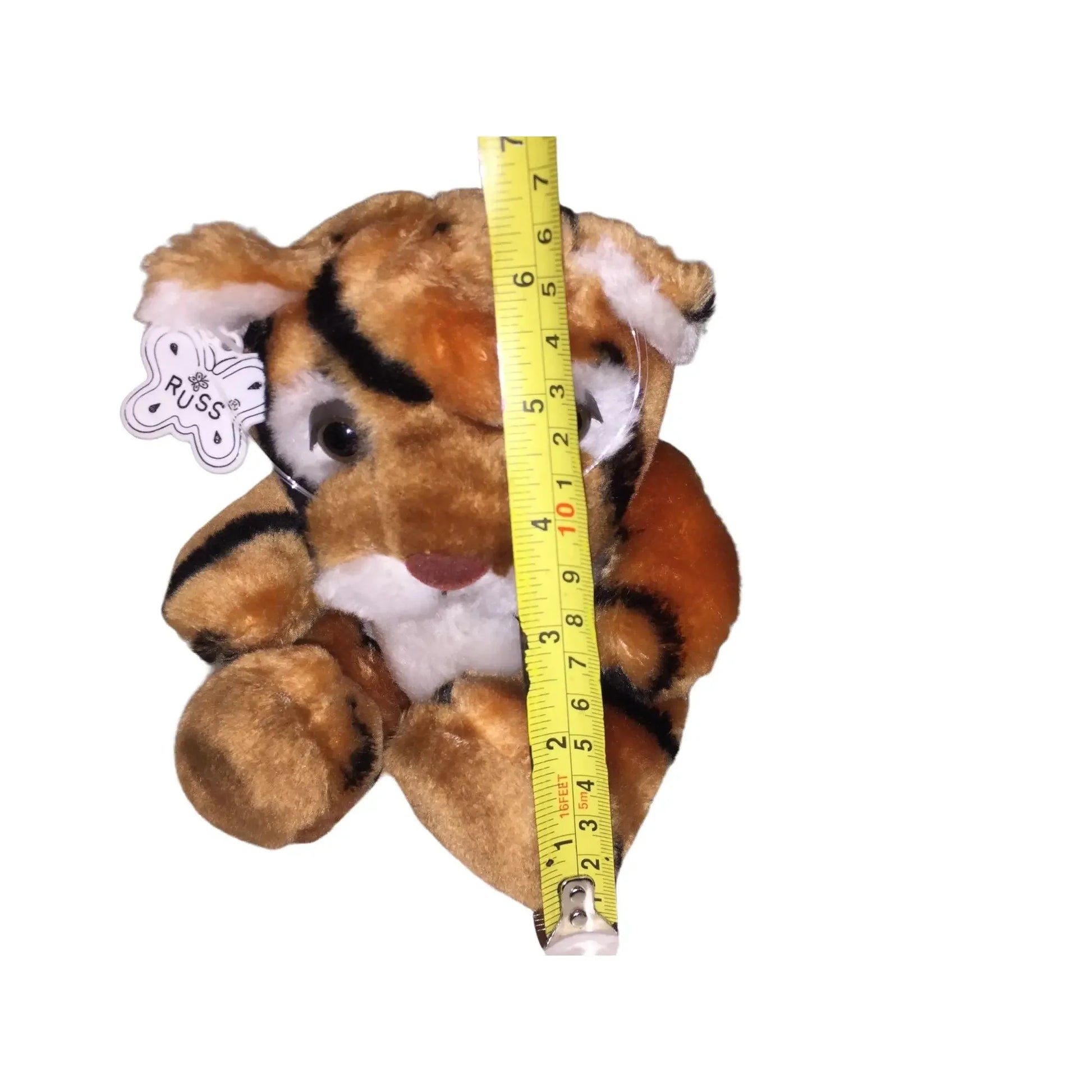 Plush tiger toy with tape measure showing height, stuffed animal, Russ tag visible