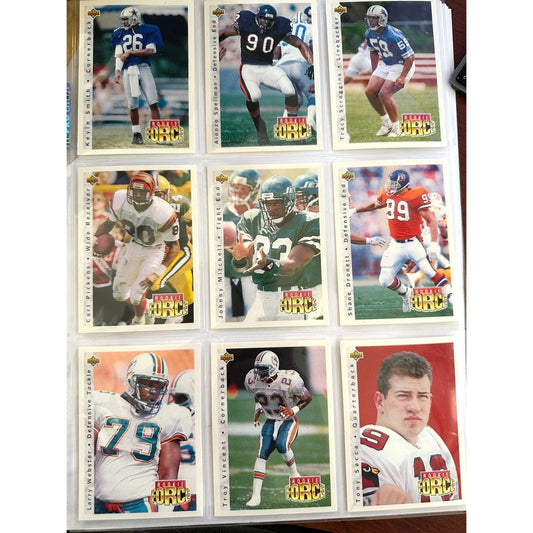 NFL Footbal Trading Cards - Various Years & Brands - 4 Binder Pages (front & back) - Upper Deck, Topps, Score, NFL Pro Set - Sports Collectibles - A+ Stuff