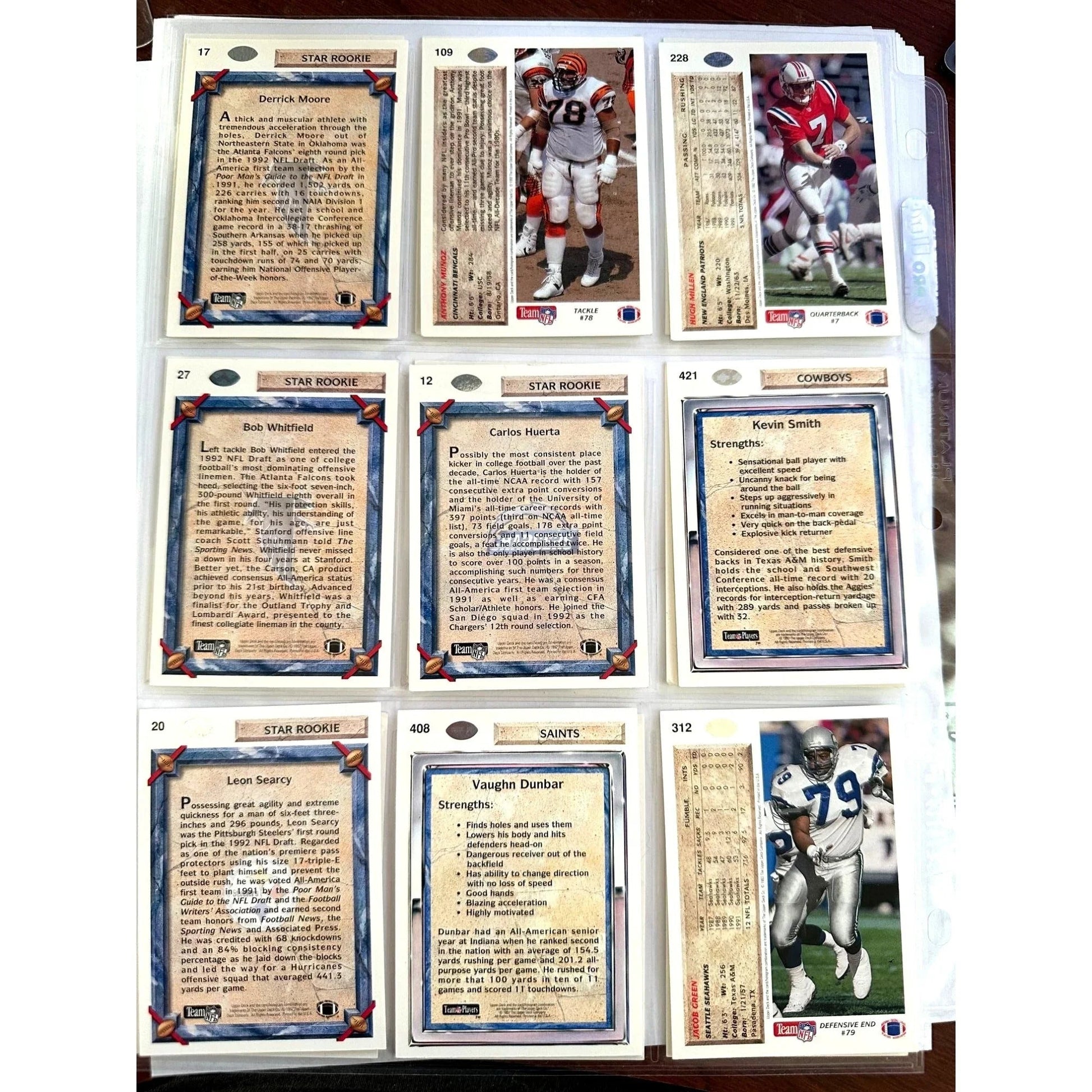 NFL Footbal Trading Cards - Various Years & Brands - 4 Binder Pages (front & back) - Upper Deck, Topps, Score, NFL Pro Set - Sports Collectibles - A+ Stuff