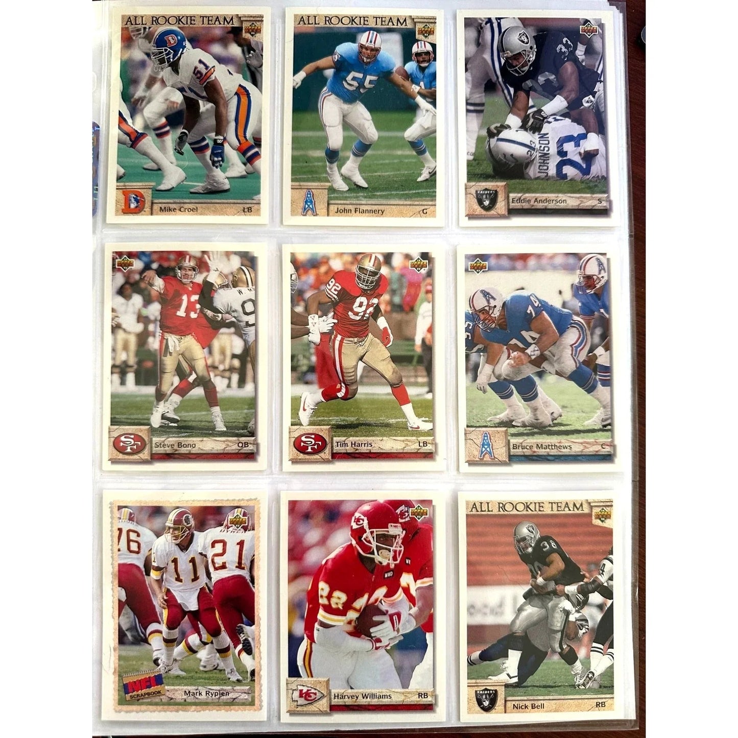 NFL Footbal Trading Cards - Various Years & Brands - 4 Binder Pages (front & back) - Upper Deck, Topps, Score, NFL Pro Set - Sports Collectibles - A+ Stuff