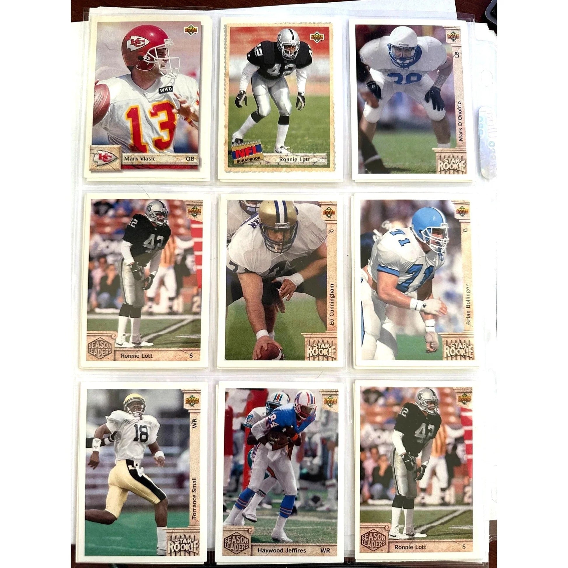 NFL Footbal Trading Cards - Various Years & Brands - 4 Binder Pages (front & back) - Upper Deck, Topps, Score, NFL Pro Set - Sports Collectibles - A+ Stuff